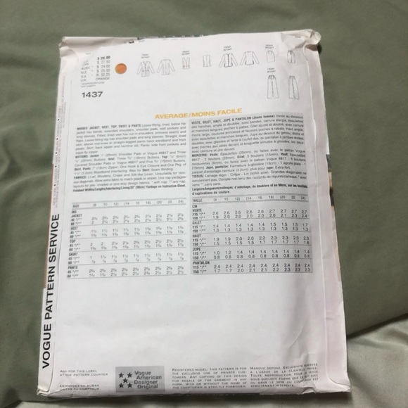 Vogue 1437 Tamotsu Career Wardrobe Pattern - jacket- skirt- pants and top- - Picture 8 of 9